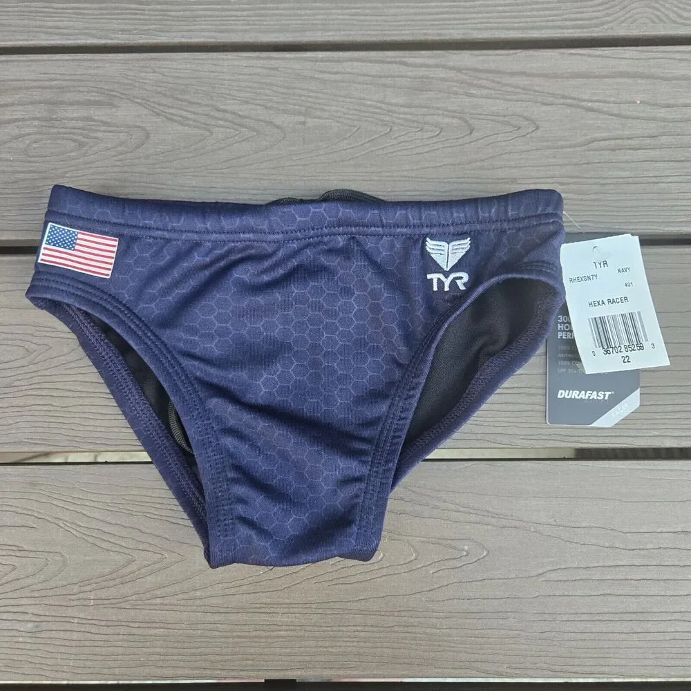 TYR Durafast Elite Hexa American Flag Youth Boys Navy Racer Briefs Size 22 New